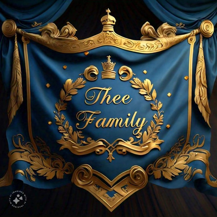 Thee Family gold lettering and crest artwork on blue fabric